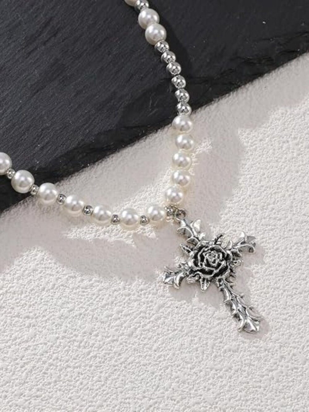 9 Piece Layered Pearl Cross Necklace Choker and Hoop Earrings Jewelry Set - Picture 3 of 7